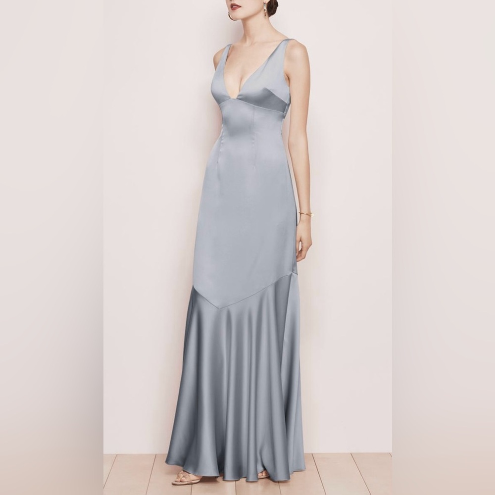 Watters Designs Mason Silver Gray Deep V Neck Fit and Flare Maxi Dress Gown